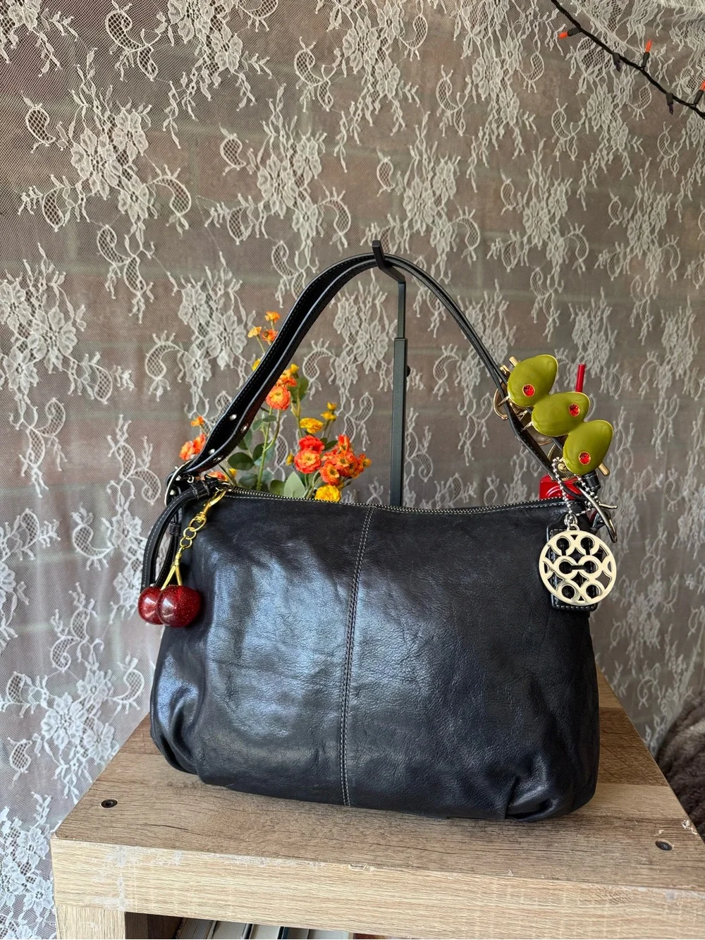 Coach Black Leather Shoulder Bag with Cherry Charm